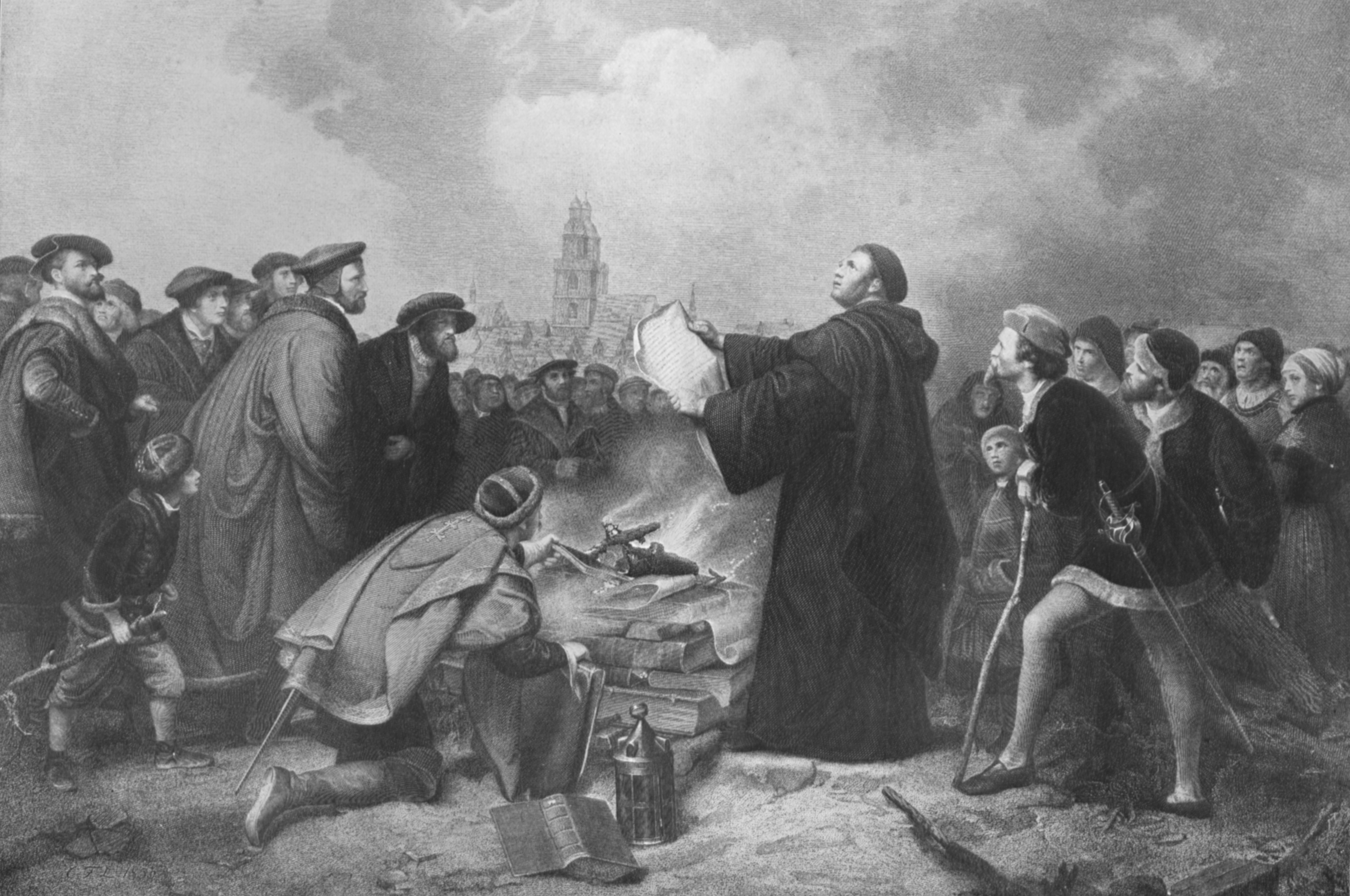 Lutherbild Luther verbrennt Bannandrohungsbulle 1853 Bildnachweis Zentralarchiv der Ev Kirche der Pfalz Abt 173 Nr 3175